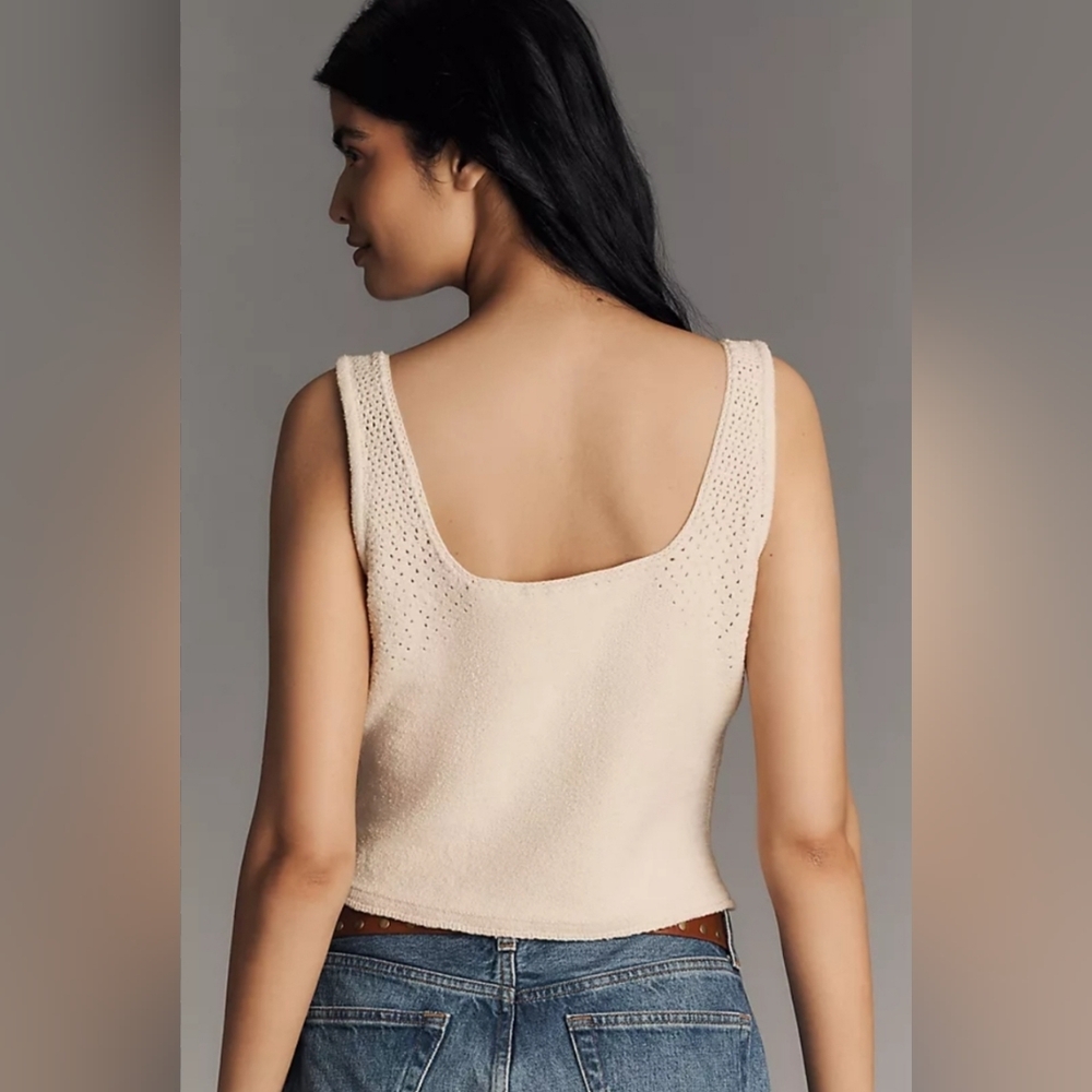 Anthropologie Floral Knit Square-Neck Tank Top - Cream with Pink Floral Size XL - Picture 5 of 8